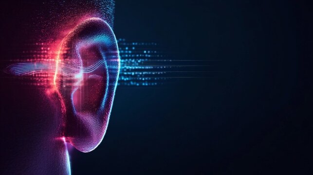 Sound waves are entering a digital ear and transforming into a stream of binary data, visualizing the process of hearing and digital audio processing