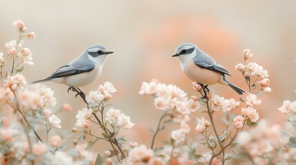 Obraz premium Two birds perched on blooming branches, soft pastel background, spring nature scene, ideal for cards or websites