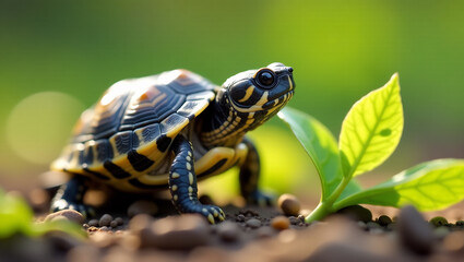 Obraz premium Baby Turtle's First Leaf Sniff