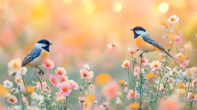 Two birds perched on pink flowers in a field, soft sunset light, peaceful nature scene, ideal for spring or nature themed projects