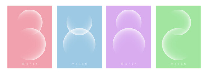 Set of March 8 festive graphic templates for International Women's Day holiday greetings. White color gradient round shapes. Vector illustration.
