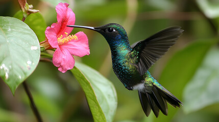 Fototapeta premium A beautiful and the colorful hummingbird with the flower on the flower background 