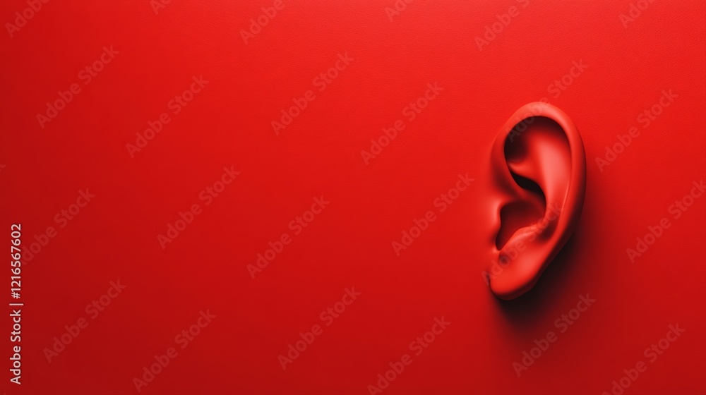 Poster Red ear on a red background symbolizing hearing problems, deafness, or auditory awareness, creating a minimalist and conceptual image representing the importance of protecting auditory health