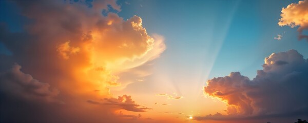 Fototapeta premium Beautiful sunset sky with dramatic clouds. Colorful clouds in orange, red tones. Sunlight beams through clouds. Idyllic, warm scene. Perfect for nature lovers, photographers, artists appreciate