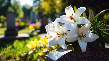 Funeral with white lily flowers at gravestone memorial in cemetery with sunset close-up. Funeral concept