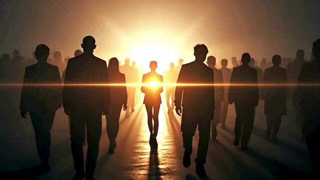 Group of silhouetted people walking away from the camera in unison. Among them, one silhouette begins to emit its own light, transforming into a beacon. Gradually, the surrounding crowd starts to illu