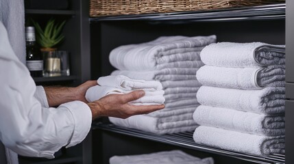 A housekeeper folding towels and neatly arranging them in a hotel closet.