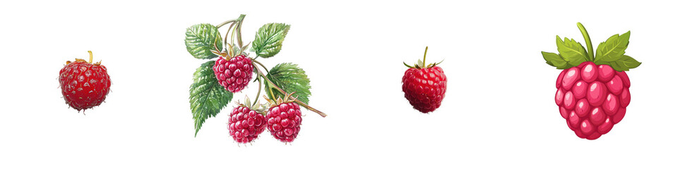 Ripe red raspberries growing on plant with green leaves in natural setting