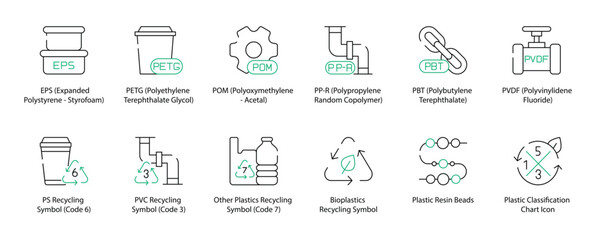 Comprehensive Recycling Symbols Icon Set Featuring EPS, Expanded Polystyrene Styrofoam, PS Recycling Symbol (Code 6), PETG, Polyethylene Terephthalate Glycol, PVC Recycling Symbol (Code 3) 
