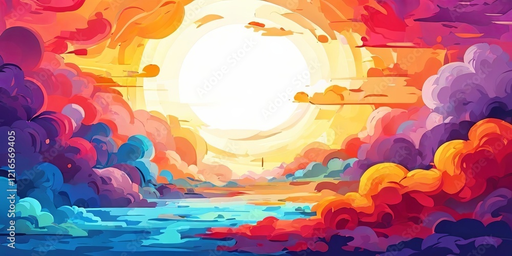 Poster A colorful sky with a sun in the middle and clouds in the background