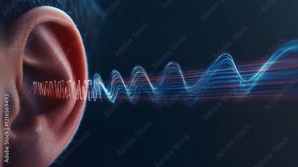 Poster Visualizing sound waves entering the human ear, illustrating auditory perception and emphasizing the importance of hearing health, audiology, and the science of sound