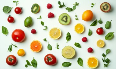 Fresh Fruits and Vegetables Arrangement on White Background