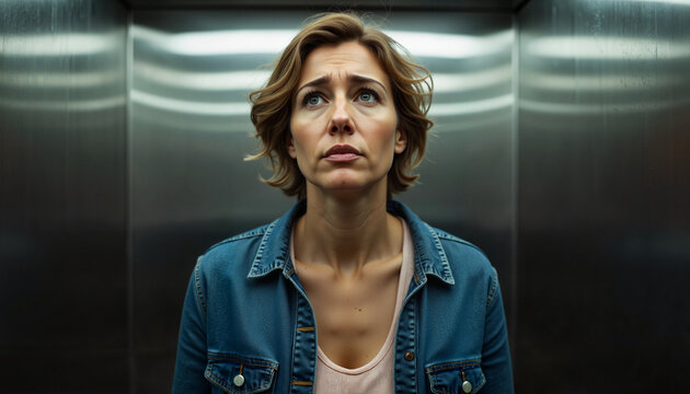 Anxious woman trapped in small elevator, human phobias