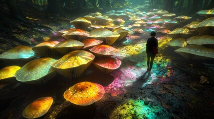 Surreal moment of a person walking among colorful mushrooms in a mystical forest
