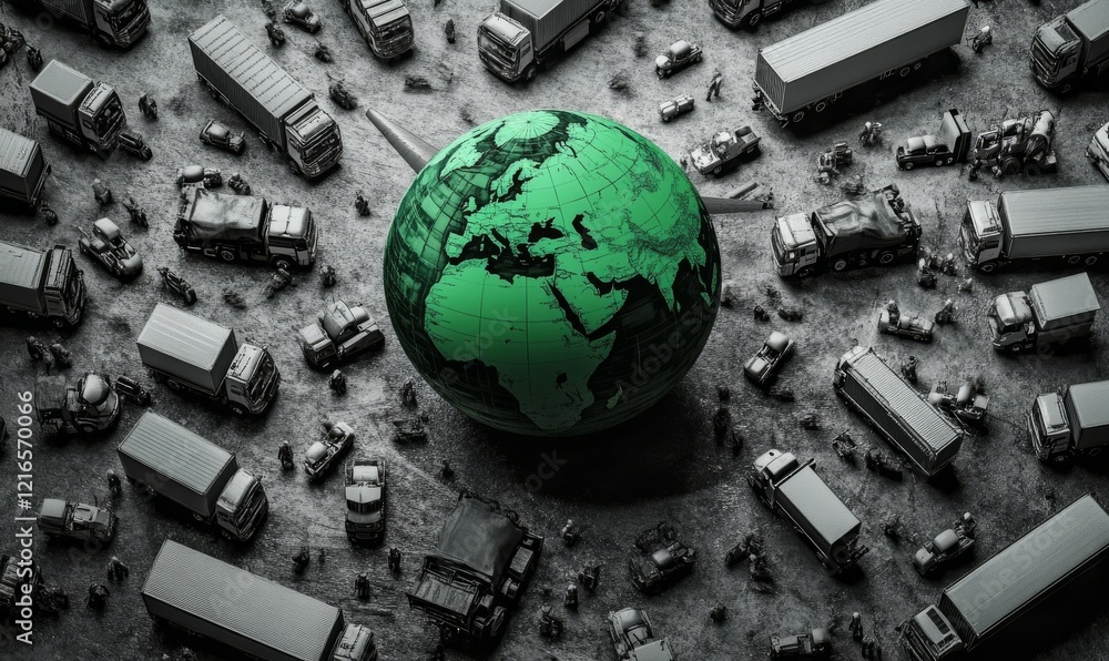 Poster global network of export import processes depicted with green globe surrounded by trucks, containers