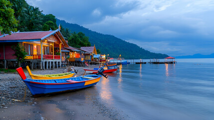 Fototapeta premium Vibrant Seaside Village at Dusk with Colorful Fishing Boats
