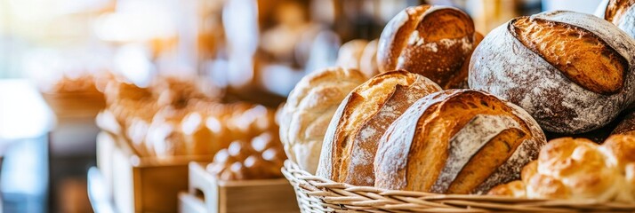 A basket of freshly baked bread loaves is displayed on the counter at bakery