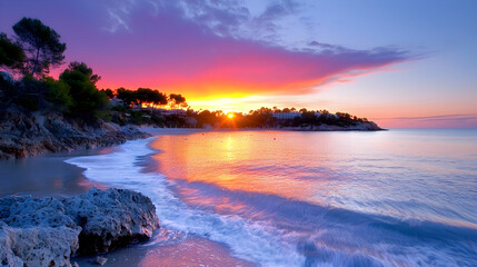 Vibrant Sunset over a Peaceful Mediterranean Beach