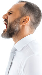 Fototapeta premium Office worker expressing frustration and anger while shouting, captured against a plain white background in a formal white shirt and tie, a person who shouts, aggressor, abuser