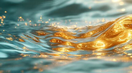 Golden wave, ocean surface, sunlight, bokeh, abstract background, luxury