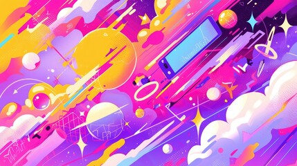 Fototapeta premium A vibrant, abstract illustration of space with planets, clouds, and dynamic shapes.