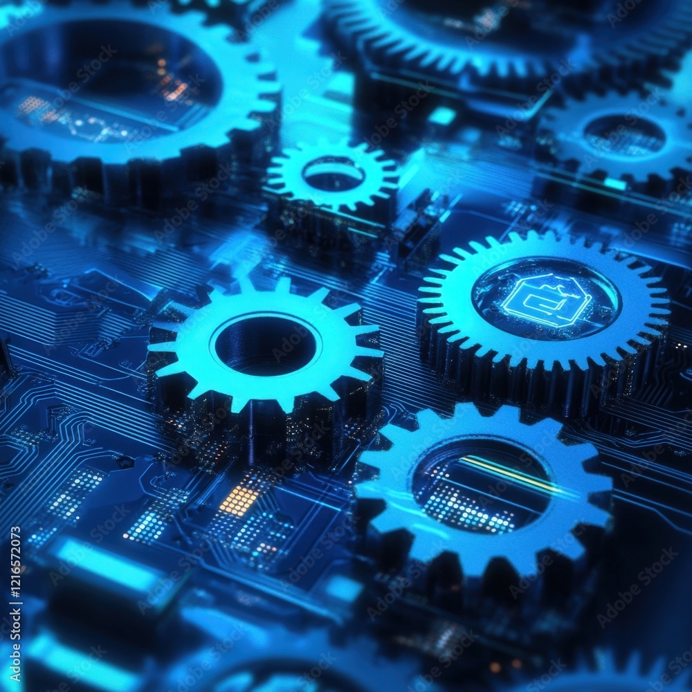 Poster gears turning on a circuit board symbolizing digital transformation and automation.