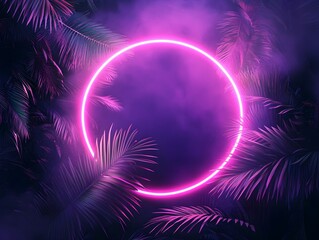 Neon purple circle frame on a dark background of palm leaves.