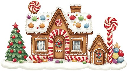 Fototapeta premium Watercolor Gingerbread House with Candy Canes and Christmas Tree.