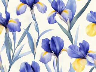 A Seamless Pattern of Blue Iris Flowers with Green Leaves on a Light Background