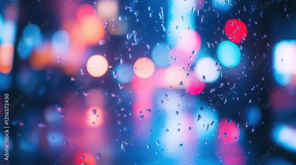 Aufkleber abstract bokeh background with soft white and colorful lights, raindrops on glass creating a dreamy 