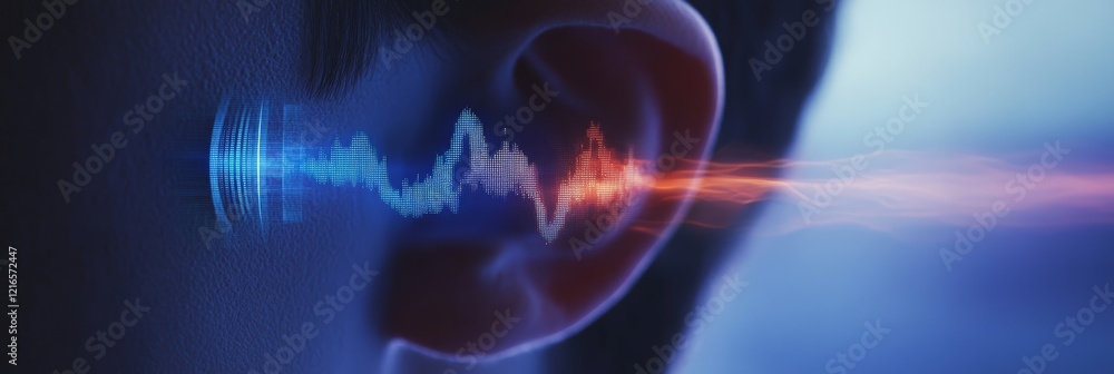 Poster digital sound wave is entering the ear canal, illustrating the process of hearing and its connection
