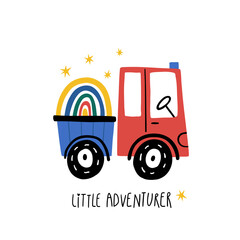 Hand drawn cute car Truck with rainbow and Little Adventurer handwritten text. Cartoon baby boy poster with baby automobile in cartoon style. Adorable childish transport. For fabric, textile, postcard