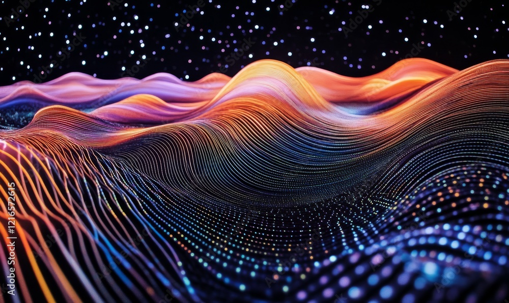 Poster glowing lines and colorful waves dance across a futuristic, black space, creating a dynamic