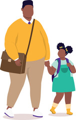 Working Plus Size Black Father Taking His Daughter To School While Holding Hands Together.