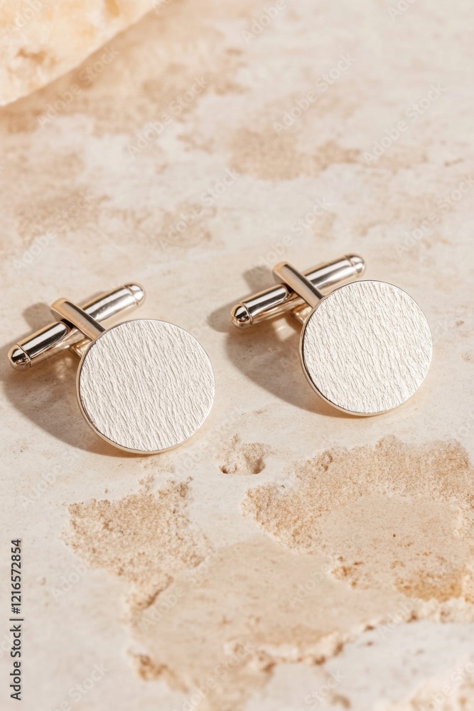 Poster dramatic silver cufflinks with unique textures on an elegant surface for a touch of sophisticated st