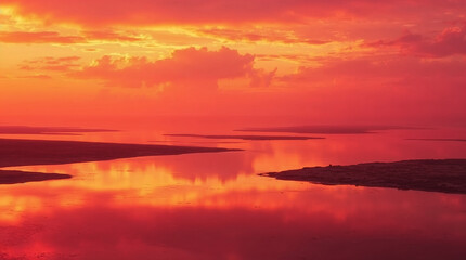 Naklejka premium Beautiful sunset on a lake. Surreal pink dusk in a distant travel destination