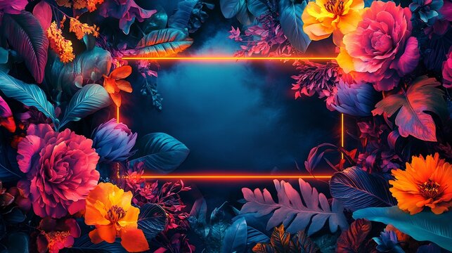 Vibrant invitation card for Coachella showcasing bohemian patterns glowing stage lights and floral crowns with a blank rectangular section in the center for names and dates