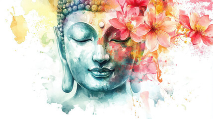 A serene Buddha face adorned with colorful flowers in a vibrant watercolor painting on a white background