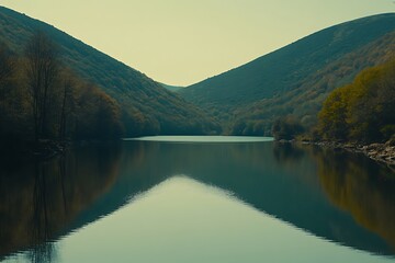 Fototapeta premium Serene Mountain Lake Reflection: V-Shaped Valley Serenity
