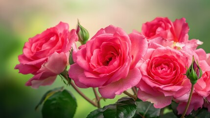 Close-Up View of Vibrant Pink Roses Blossoming in a Garden Setting, Soft Focus