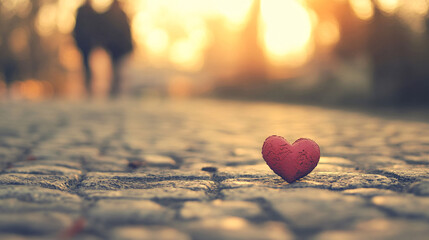 Fototapeta premium A small red heart placed on a cobblestone path with a warm glowing sunset in the background romantic and symbolic scene 