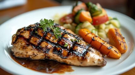A plate of grilled chicken and steamed vegetables.