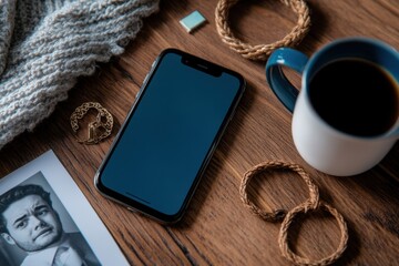 An organized flat lay of a stylish table featuring a warm cup of coffee, a phone, and personal items, illustrating modern lifestyle and daily routines with an artistic touch.