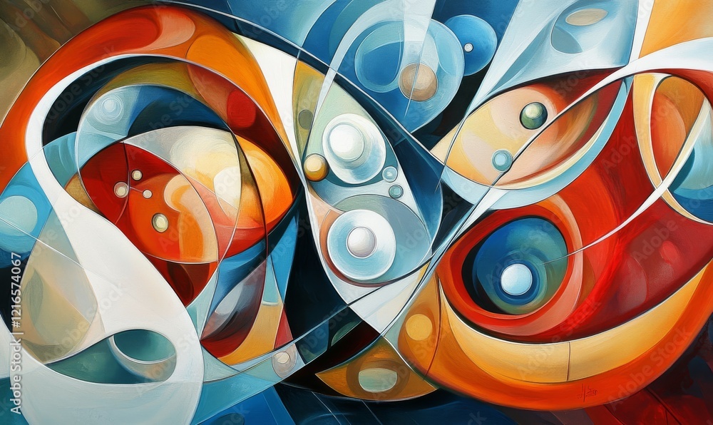 Poster futuristic abstract art showcasing interconnected shapes and structures, emphasizing modern design a