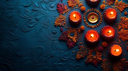 Vibrant invitation card for Navratri Festival featuring intricate rangoli patterns glowing diyas and colorful garba dance imagery with a blank text space in the center for RSVP details