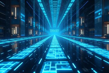Futuristic digital corridor with glowing blue lines and a bright center.
