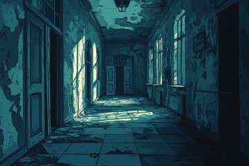Fototapeta premium Sunlit Hallway in a Derelict Building Showing Decay and Age