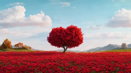 Vibrant Red Tree Surrounded by Blooming Red Flowers Under a Clear Blue Sky
