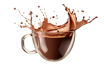 Close up of hot cocoa splash flying out of clear cup, with rich chocolate liquid and dynamic splashes. warmth and indulgence concept, transparent background PNG cutout.