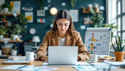 Focused Young Businesswoman Working on Laptop in Modern Office